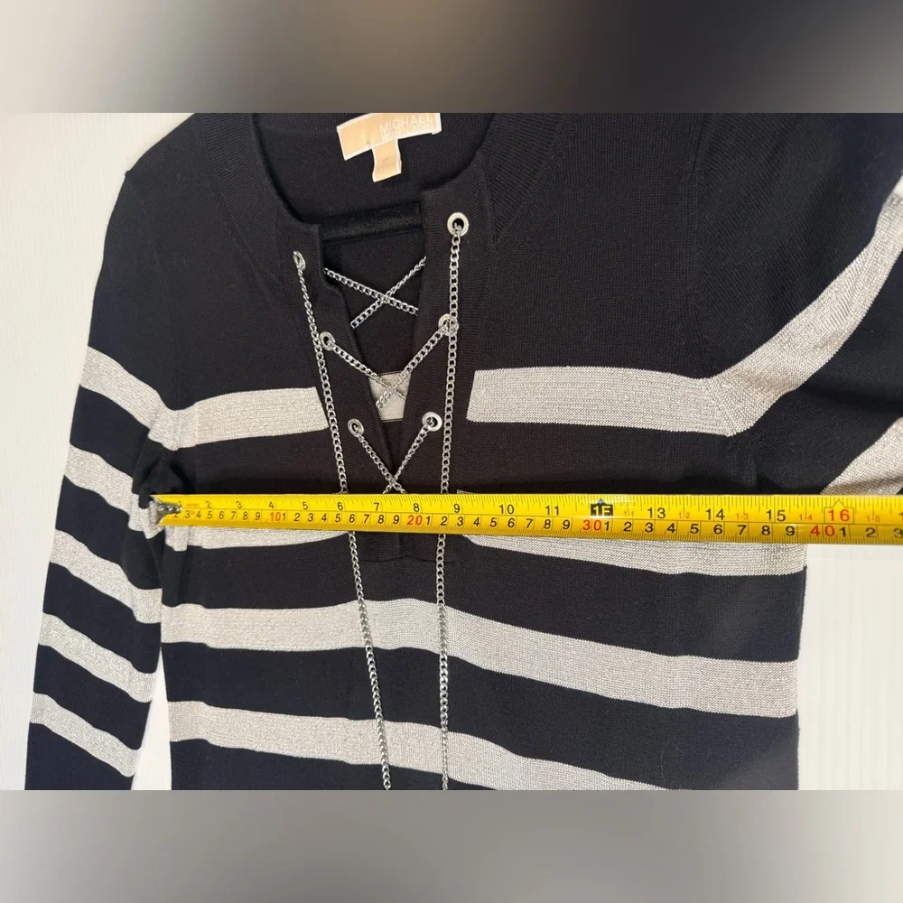 MICHAEL KORS Black Silver Striped Tunic Sweater Chain Lace-Up - Size M